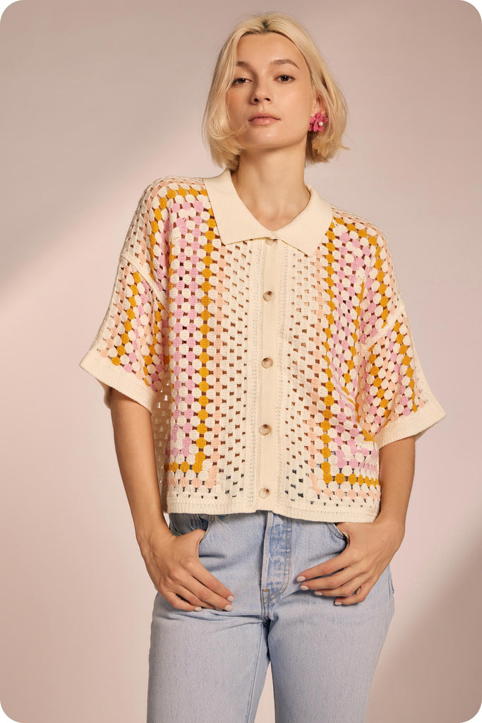 Summer Squares Crochet Button Down Shirt