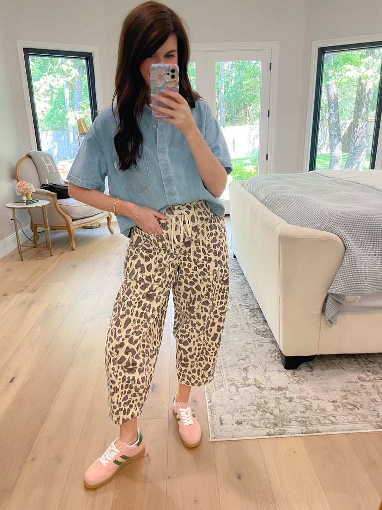 Set the Tone Leopard Barrel Jeans in Ecru