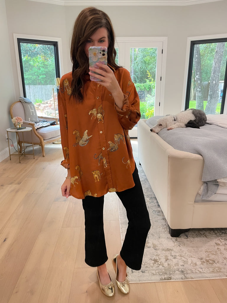 Golden Hour Cheetah Button Down in Rust