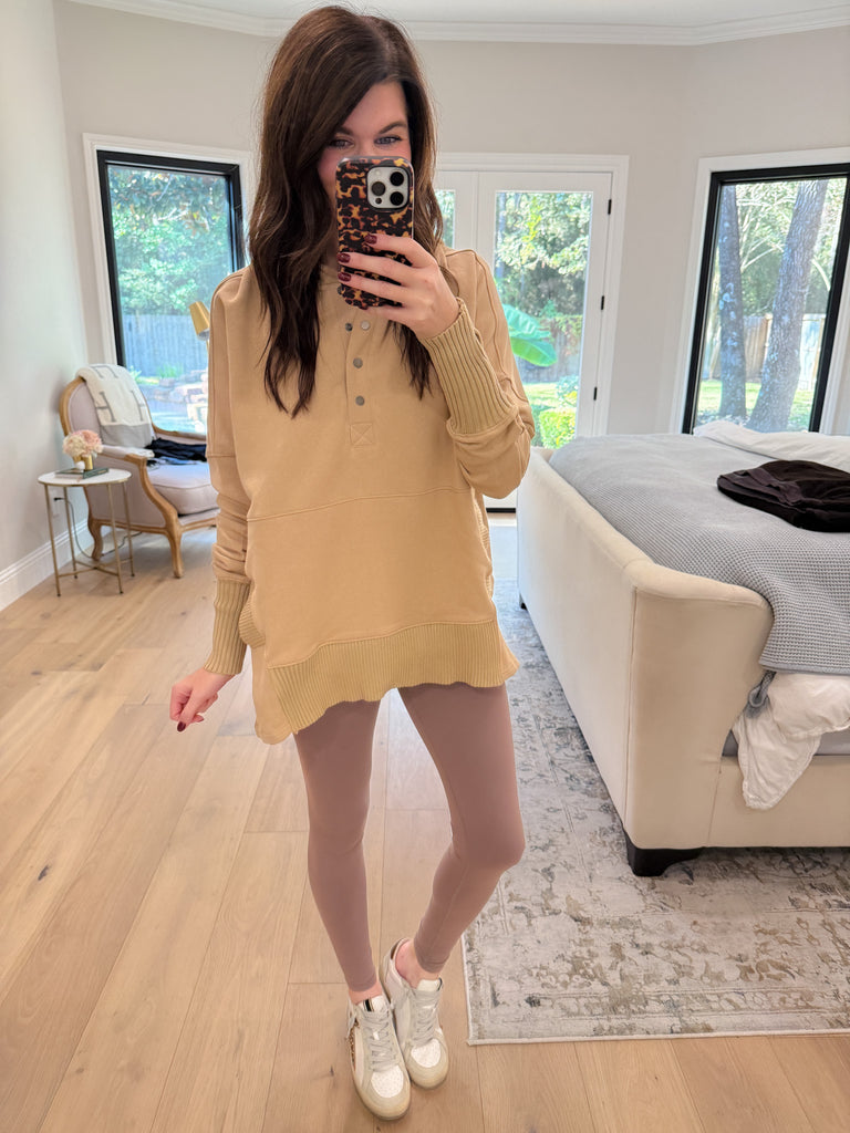 Looking Forward Hooded Pullover in Taupe