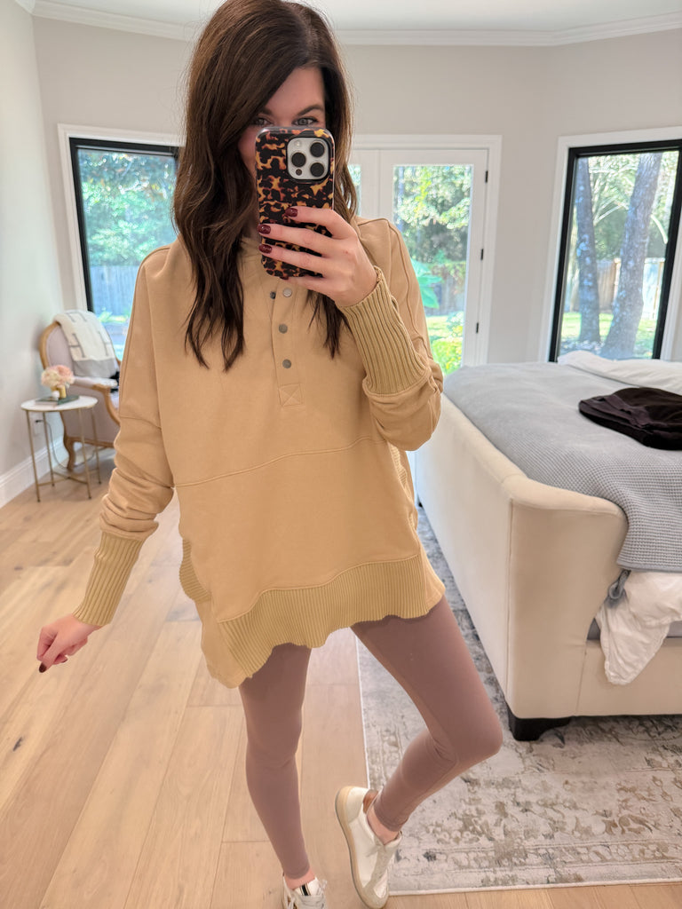 Looking Forward Hooded Pullover in Taupe