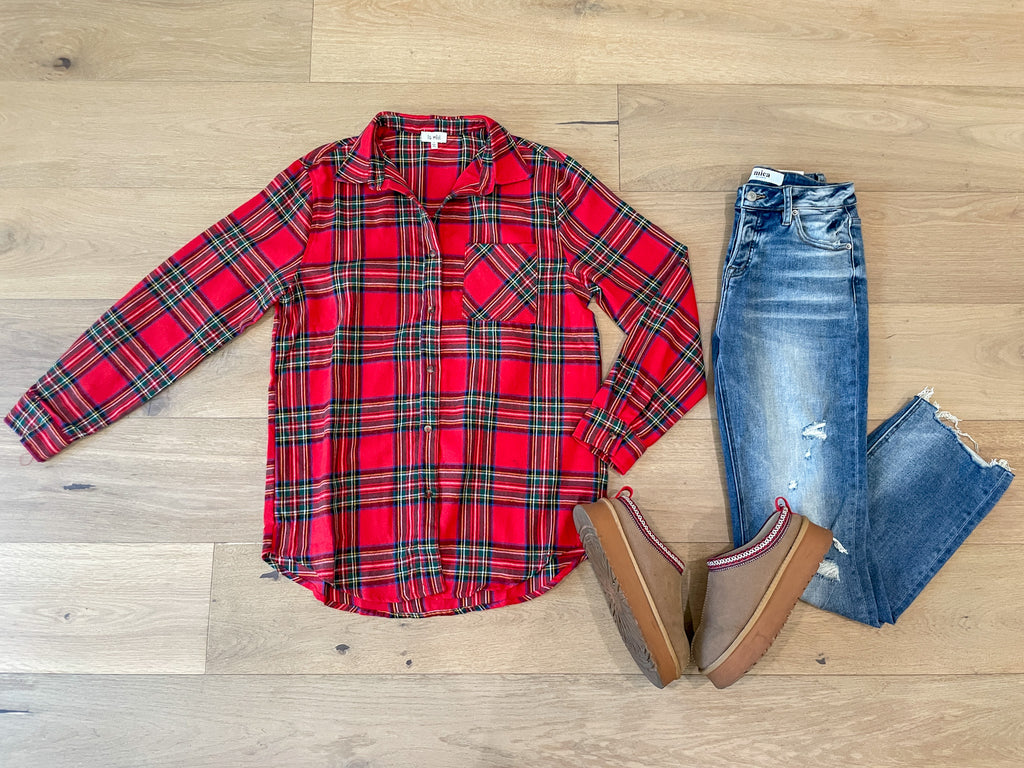 Avril Navy Plaid Button Down in Red