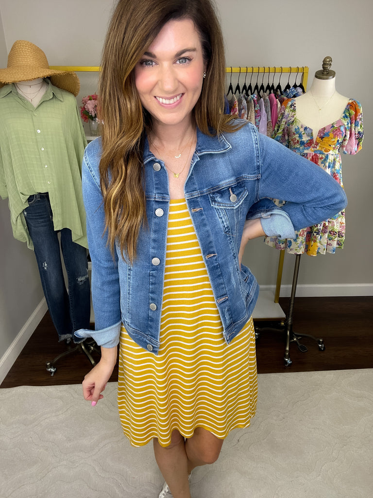 *BELLES & DOORBUSTER* Seeing Clearly Dress in Mustard and Blue *Final Sale*