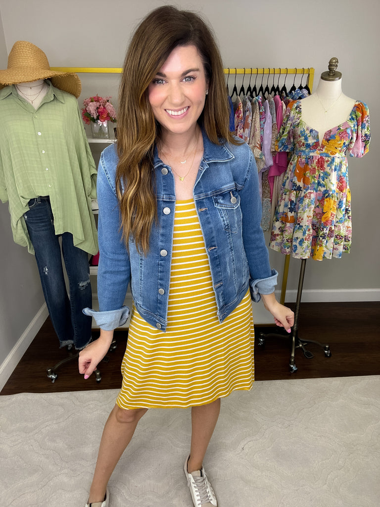 *BELLES & DOORBUSTER* Seeing Clearly Dress in Mustard and Blue *Final Sale*