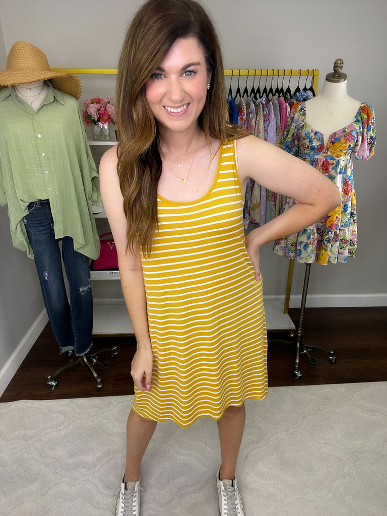 *BELLES & DOORBUSTER* Seeing Clearly Dress in Mustard and Blue *Final Sale*