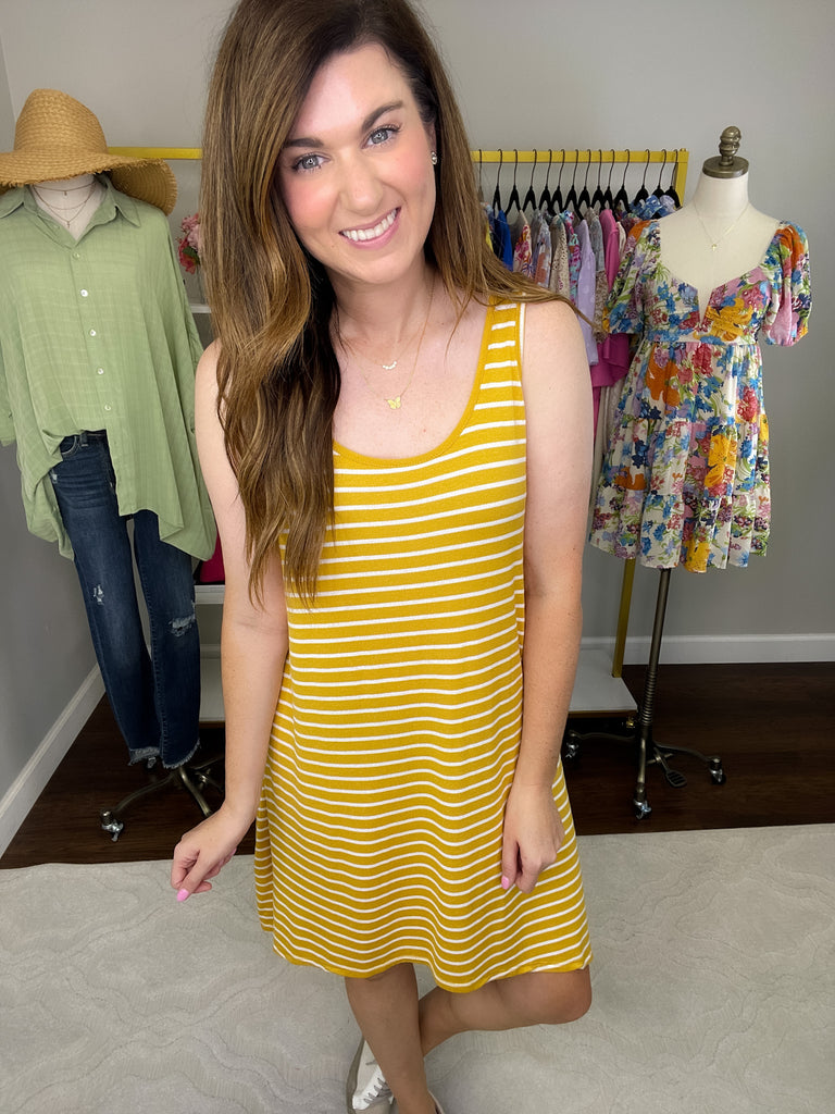 *BELLES & DOORBUSTER* Seeing Clearly Dress in Mustard and Blue *Final Sale*