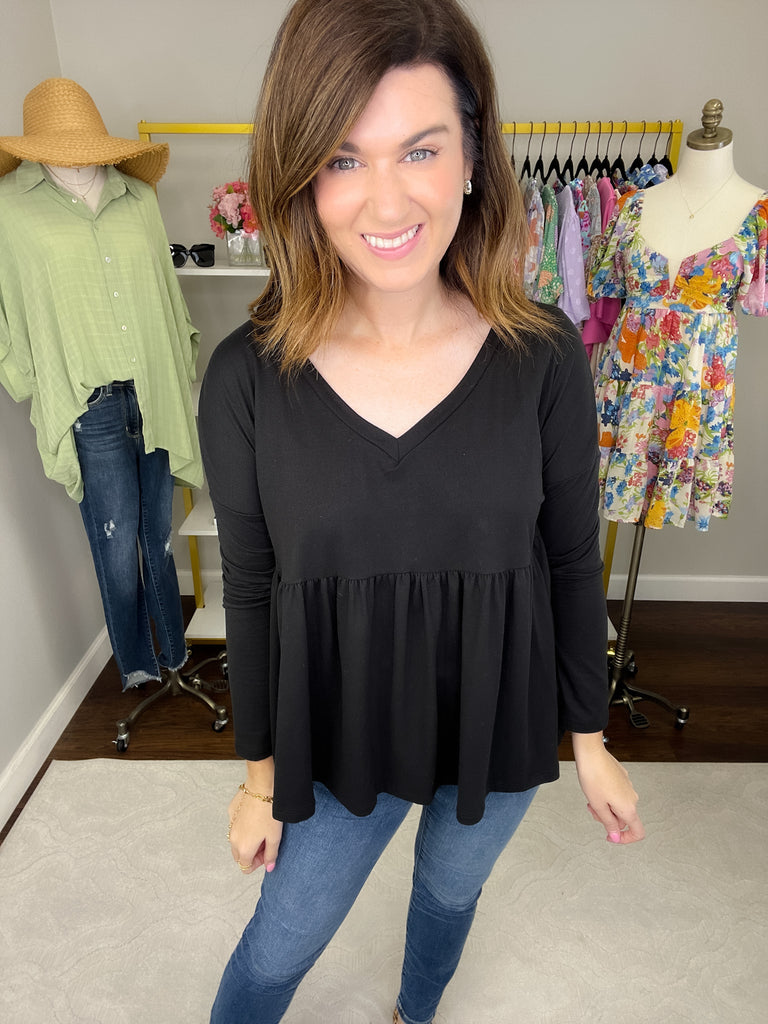 *BELLES & DOORBUSTER* Hughes V-Neck Peplum Top in Black *Final Sale*