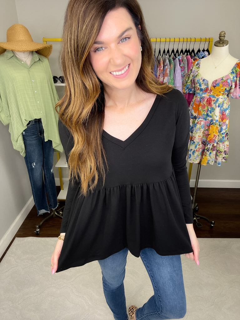 *BELLES & DOORBUSTER* Hughes V-Neck Peplum Top in Black *Final Sale*