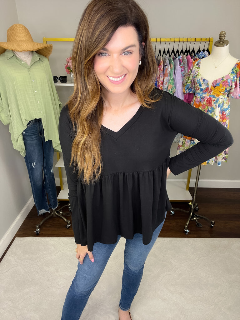 *BELLES & DOORBUSTER* Hughes V-Neck Peplum Top in Black *Final Sale*