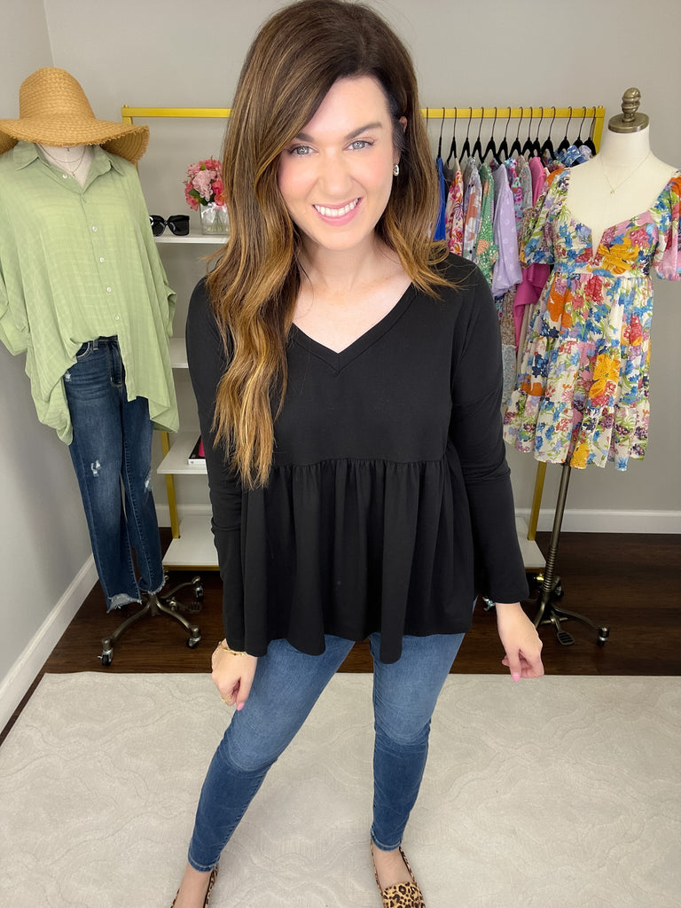 *BELLES & DOORBUSTER* Hughes V-Neck Peplum Top in Black *Final Sale*