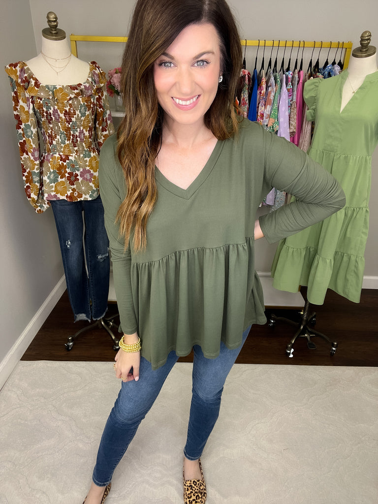 *BELLES & DOORBUSTER* Hughes V-Neck Peplum Top in Olive and Marsala *Final Sale*