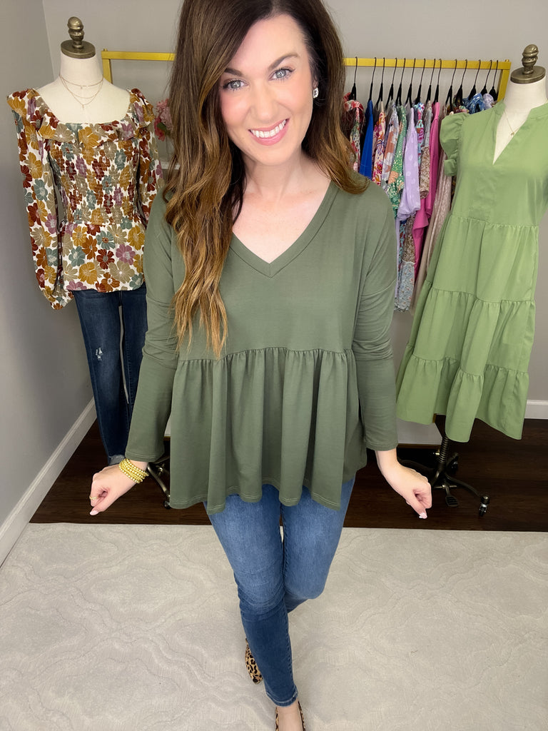 *BELLES & DOORBUSTER* Hughes V-Neck Peplum Top in Olive and Marsala *Final Sale*