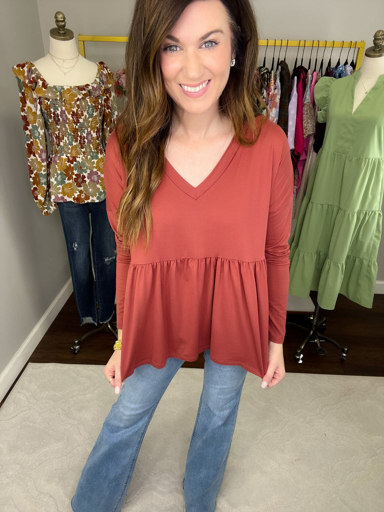 *BELLES & DOORBUSTER* Hughes V-Neck Peplum Top in Olive and Marsala *Final Sale*