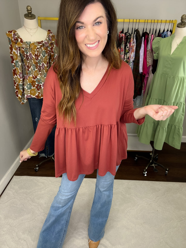 *BELLES & DOORBUSTER* Hughes V-Neck Peplum Top in Olive and Marsala *Final Sale*