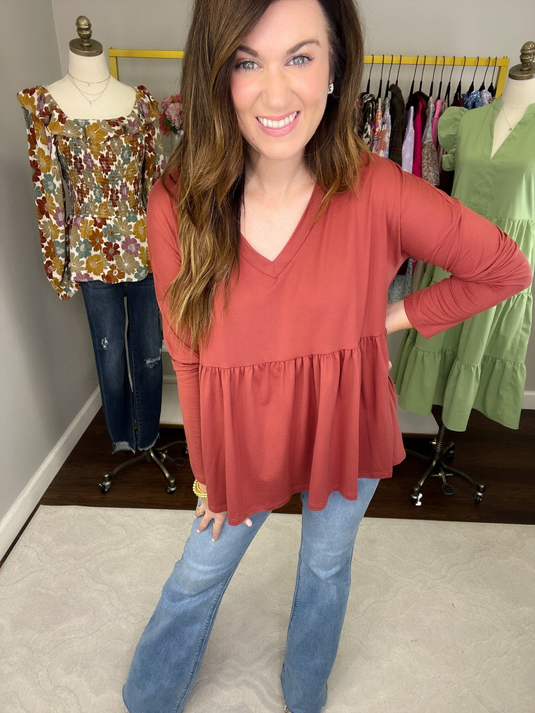 *BELLES & DOORBUSTER* Hughes V-Neck Peplum Top in Olive and Marsala *Final Sale*