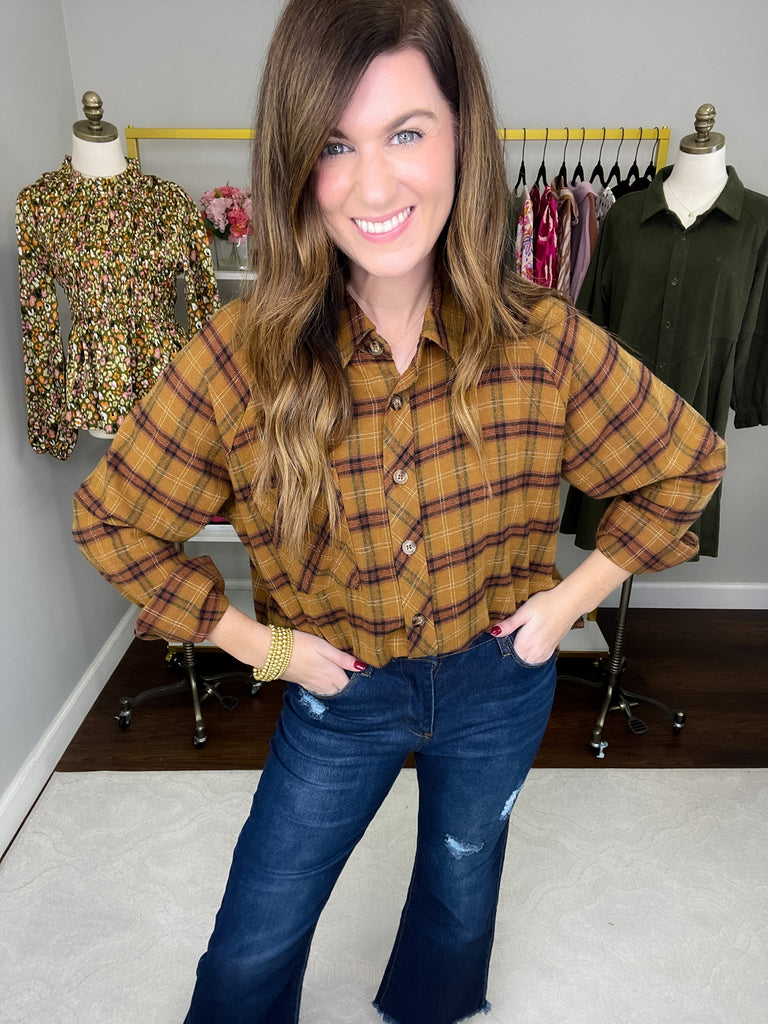 SALE! Truly Talented Plaid Button Down in Camel *Final Sale*