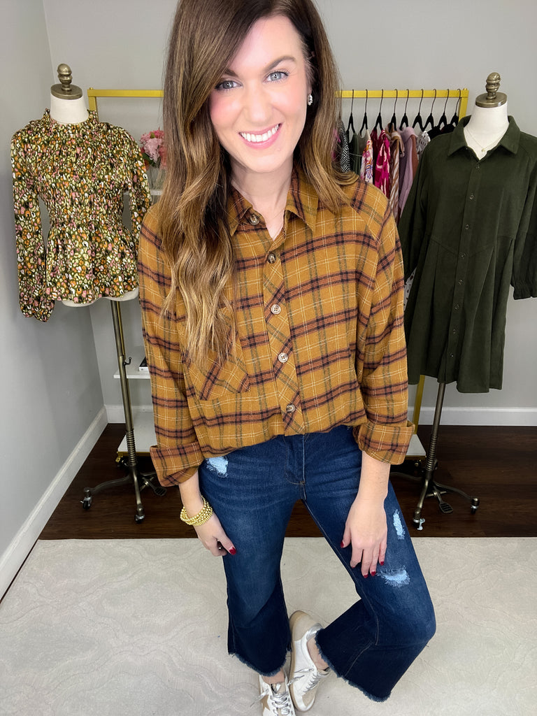 SALE! Truly Talented Plaid Button Down in Camel *Final Sale*