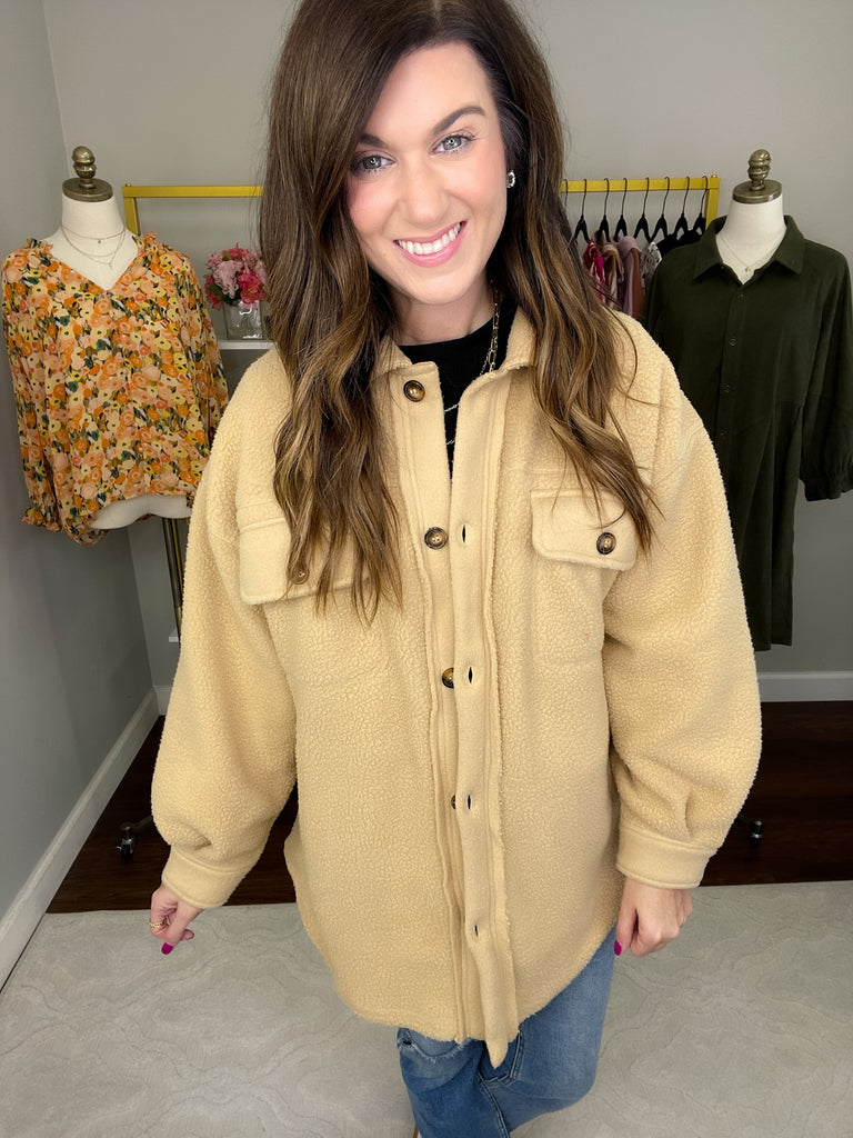 Winter Winds Fleece Shacket in Taupe