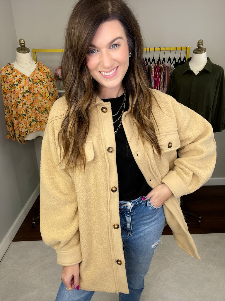 Winter Winds Fleece Shacket in Taupe