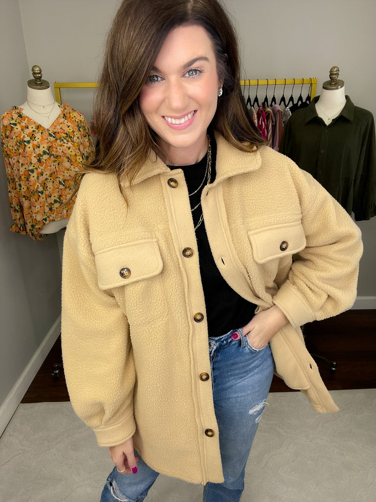 Winter Winds Fleece Shacket in Taupe