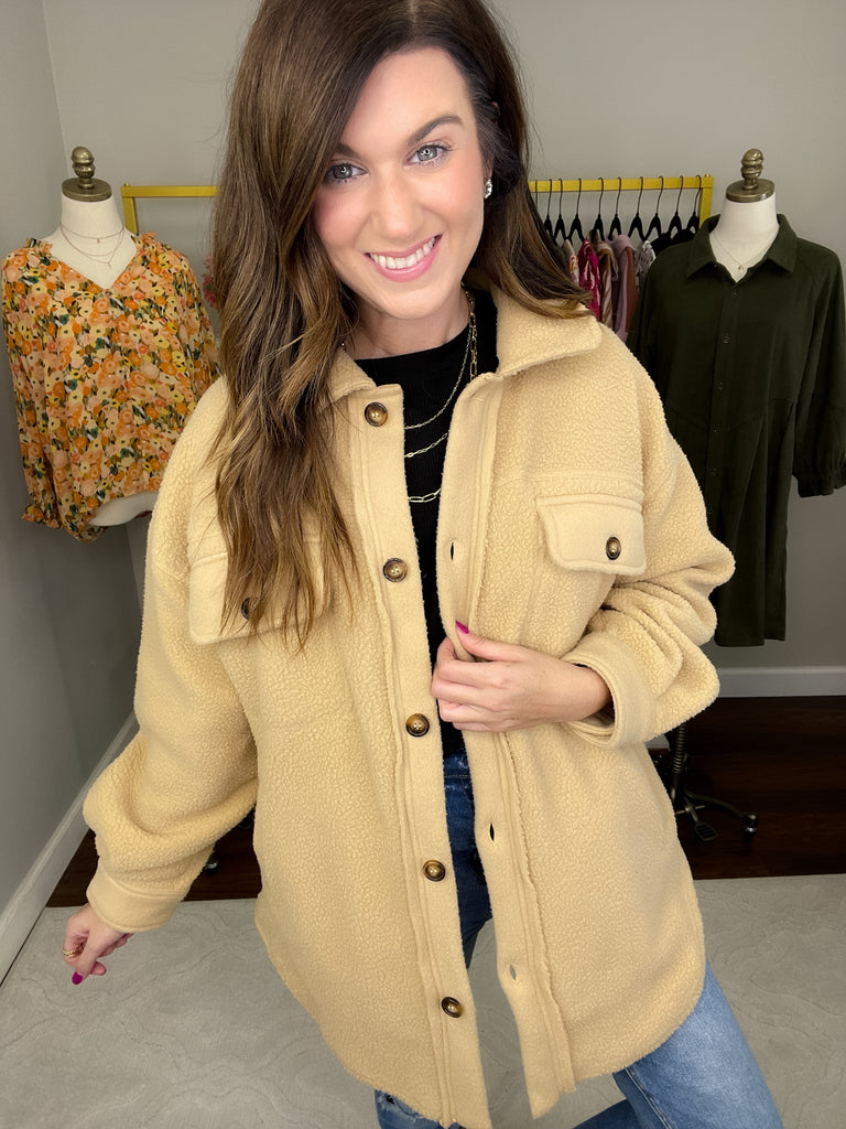 Winter Winds Fleece Shacket in Taupe