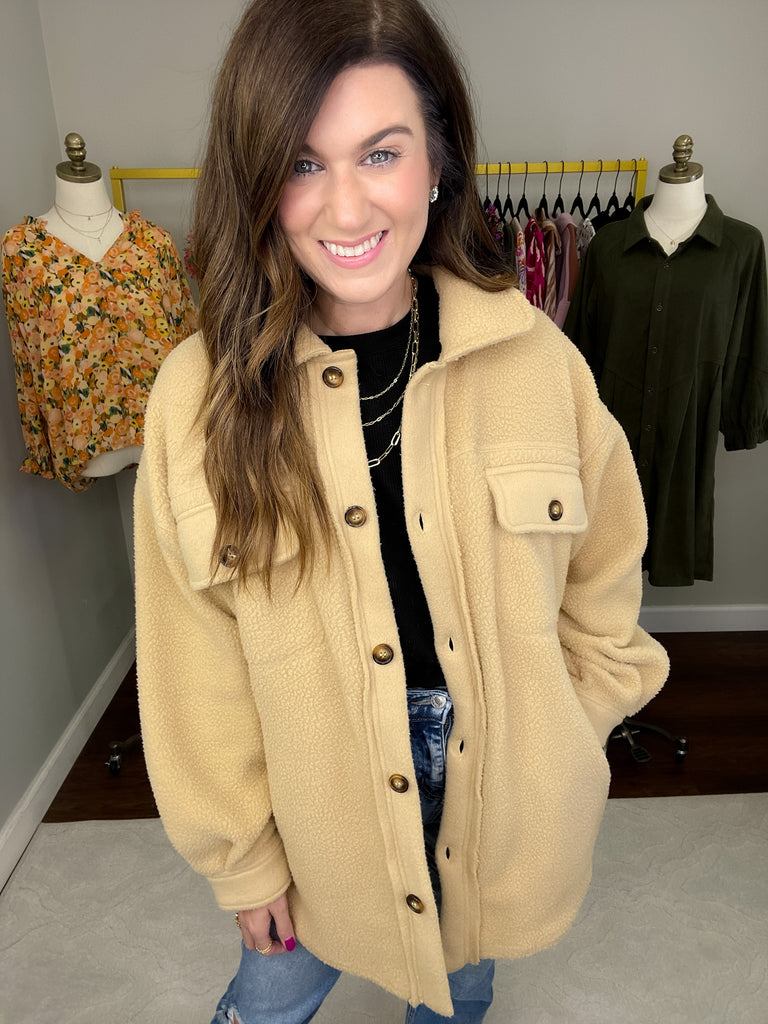 Winter Winds Fleece Shacket in Taupe