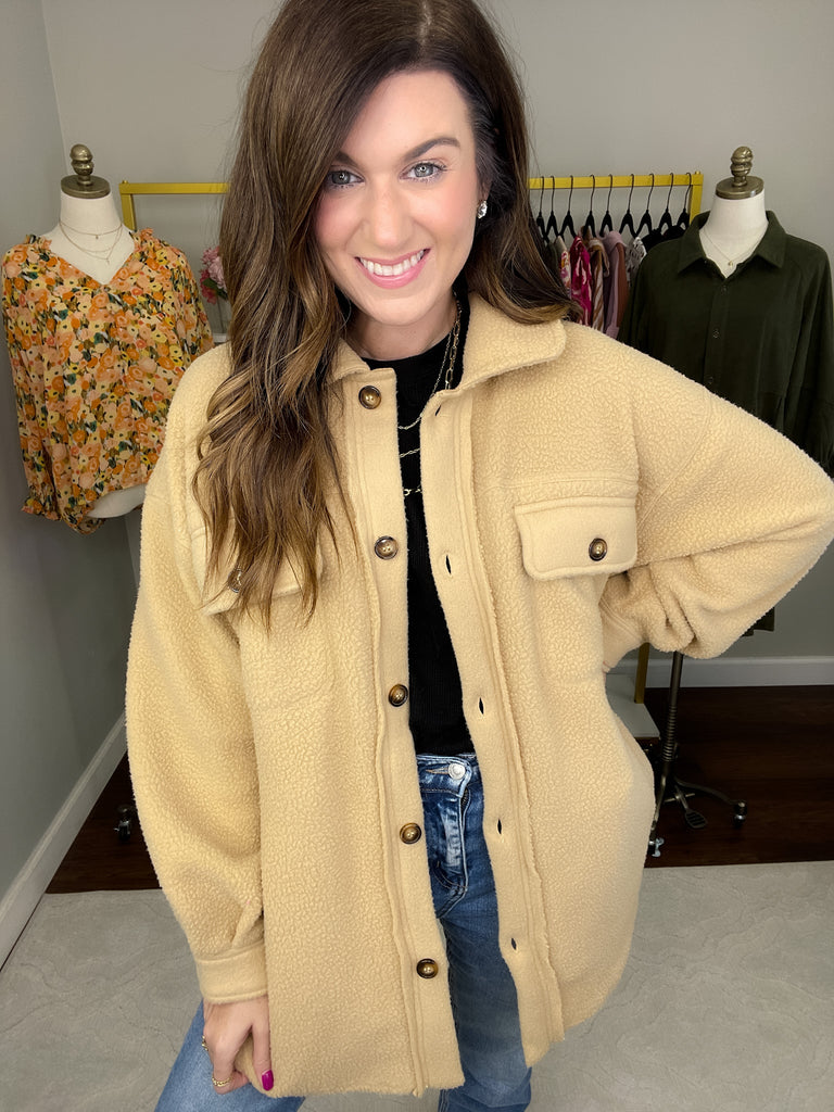 Winter Winds Fleece Shacket in Taupe