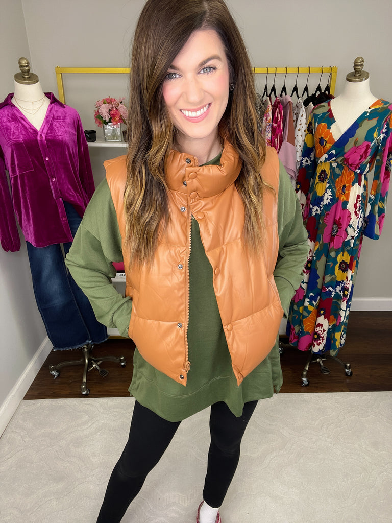 Core Memory Faux Leather Puffer Vest in Camel