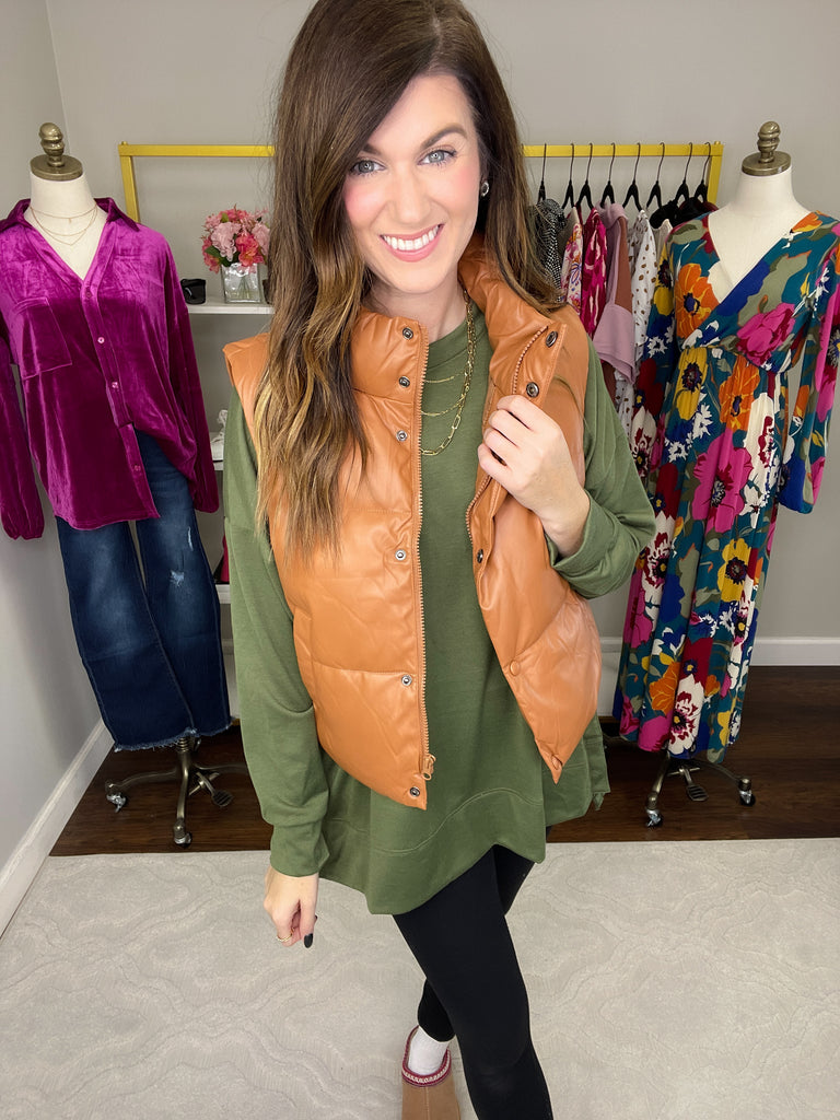 Core Memory Faux Leather Puffer Vest in Camel