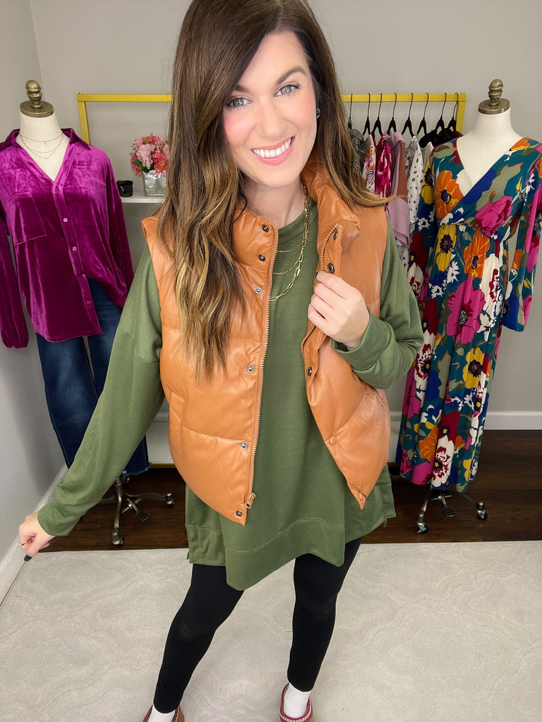 Core Memory Faux Leather Puffer Vest in Camel