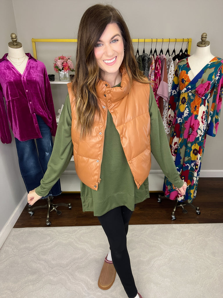 Core Memory Faux Leather Puffer Vest in Camel