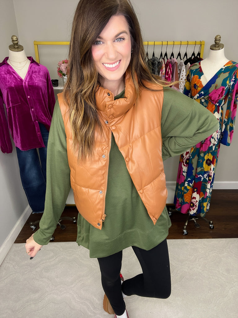 Core Memory Faux Leather Puffer Vest in Camel