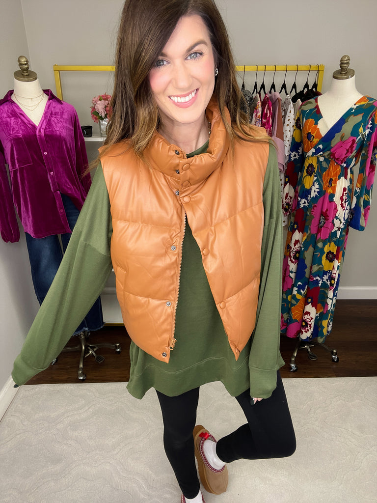 Core Memory Faux Leather Puffer Vest in Camel