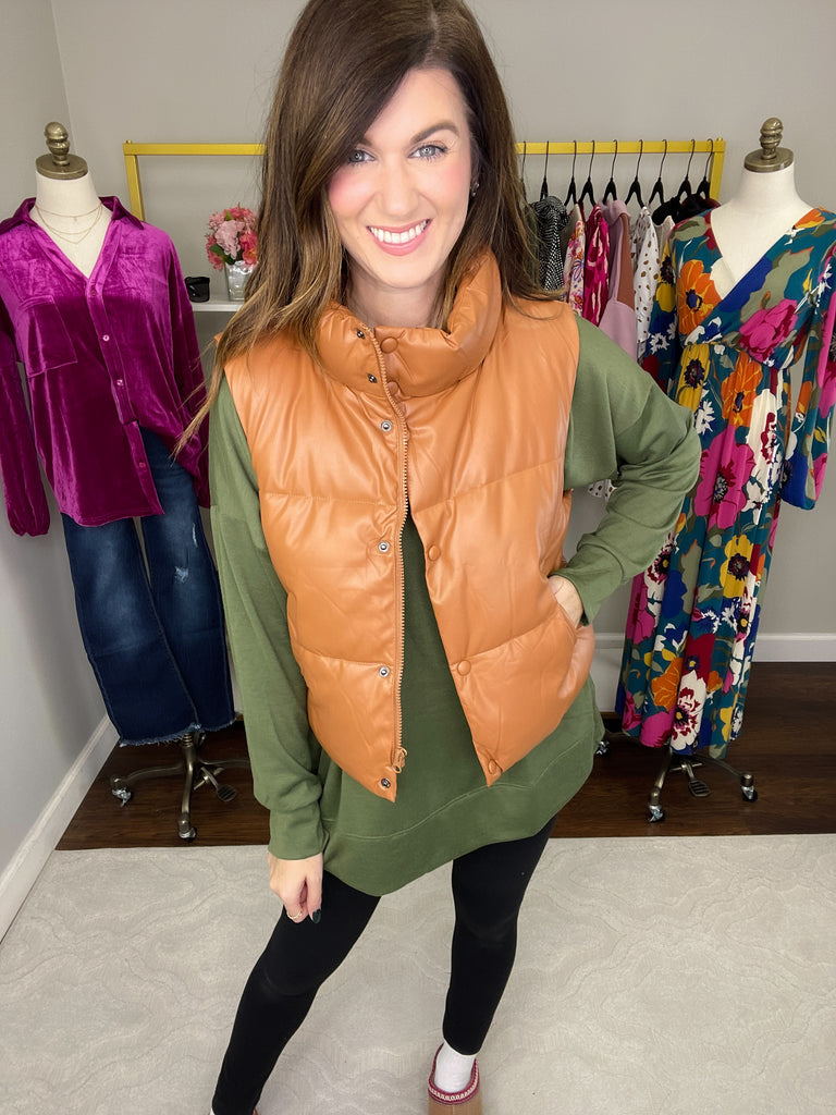 Core Memory Faux Leather Puffer Vest in Camel