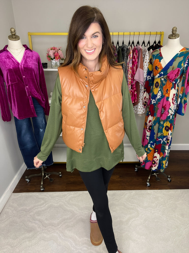 Core Memory Faux Leather Puffer Vest in Camel