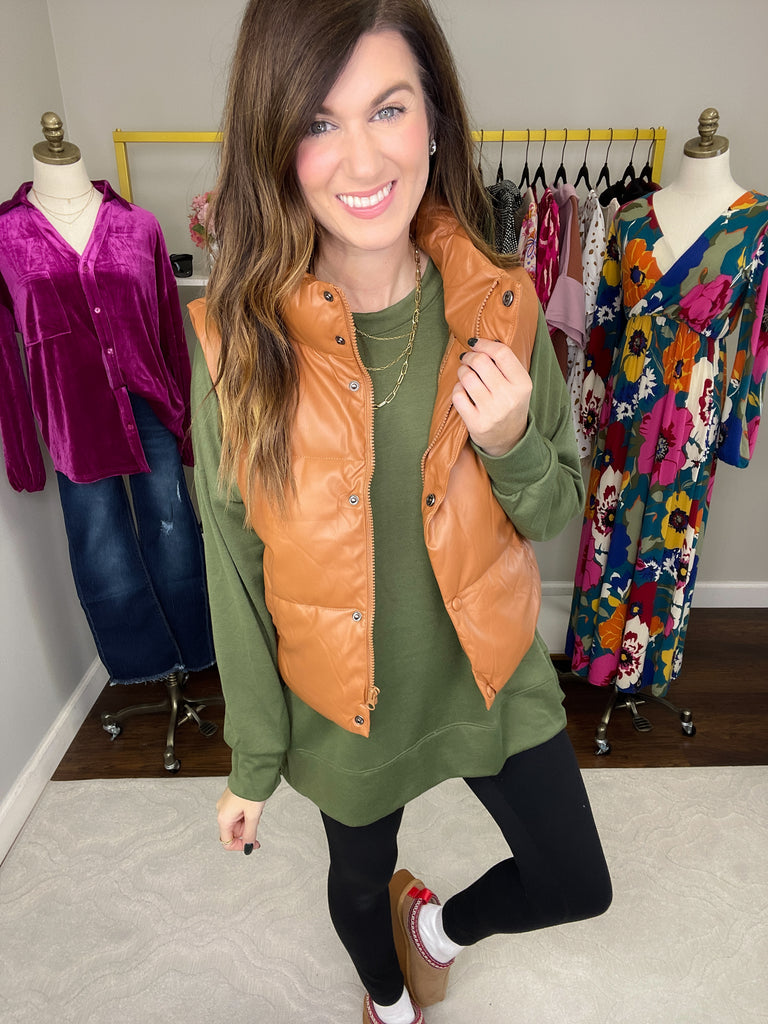 Core Memory Faux Leather Puffer Vest in Camel