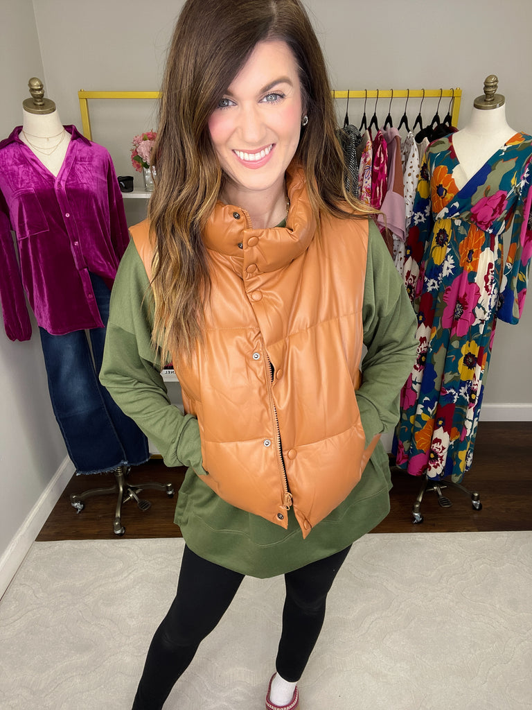 Core Memory Faux Leather Puffer Vest in Camel