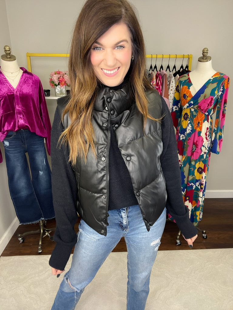 Core Memory Faux Leather Puffer Vest in Black