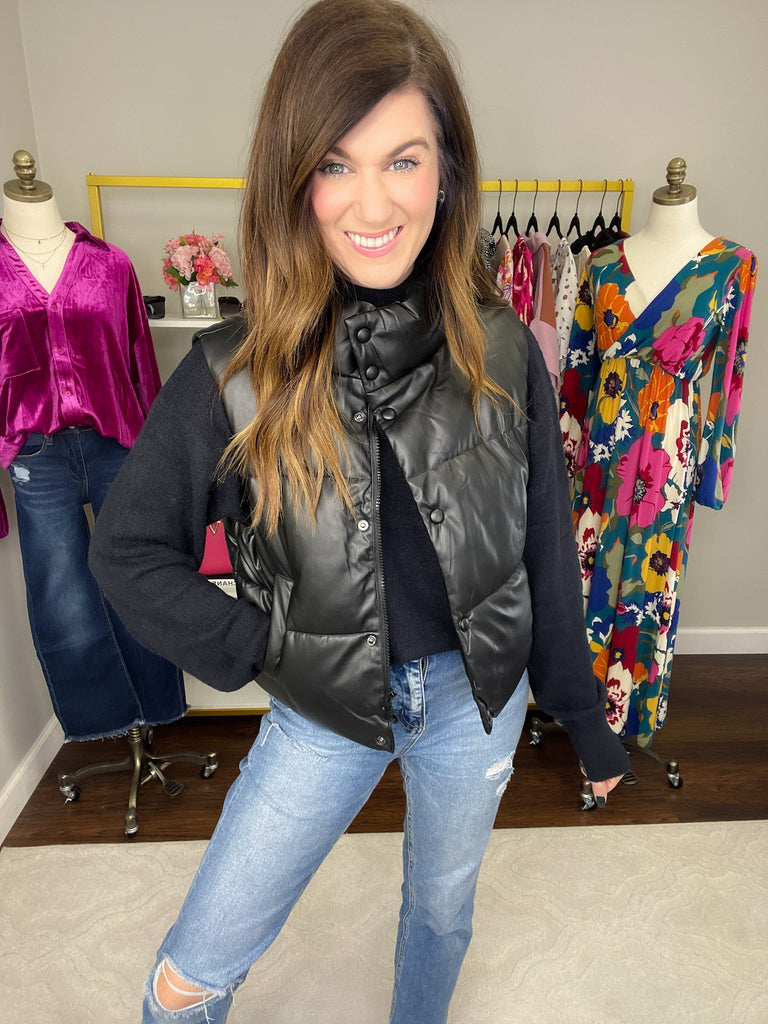 Core Memory Faux Leather Puffer Vest in Black