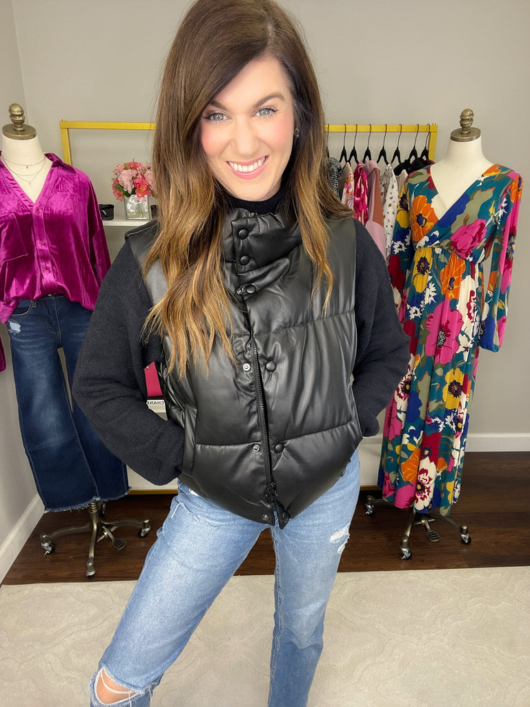 Core Memory Faux Leather Puffer Vest in Black