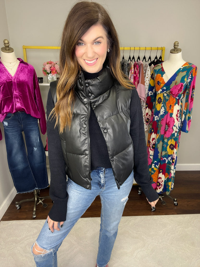 Core Memory Faux Leather Puffer Vest in Black