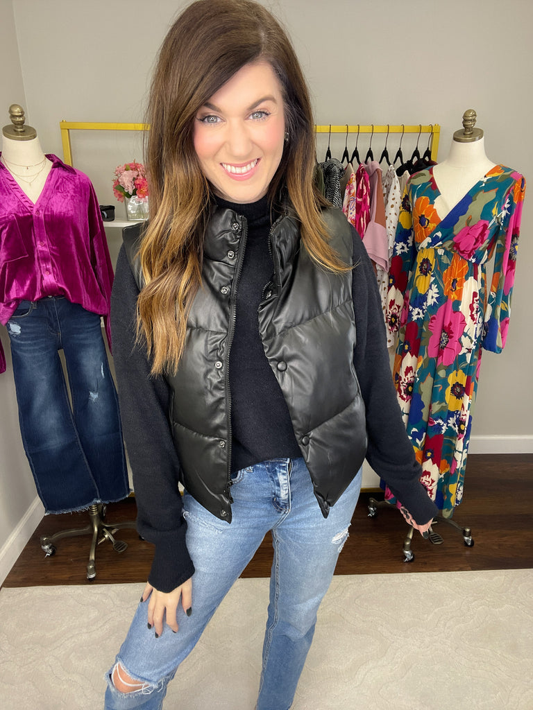 Core Memory Faux Leather Puffer Vest in Black