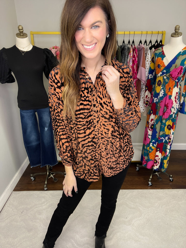 SALE! Worth the Chase Velvet Burnout Button Down in Taupe *Final Sale*