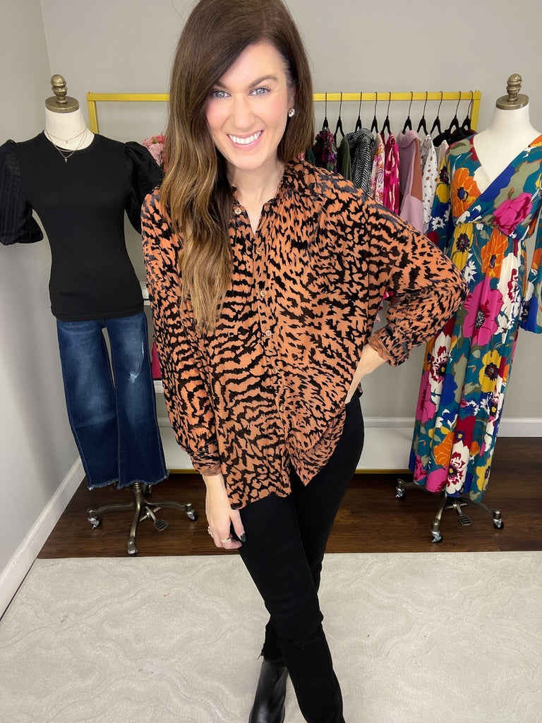 SALE! Worth the Chase Velvet Burnout Button Down in Taupe *Final Sale*