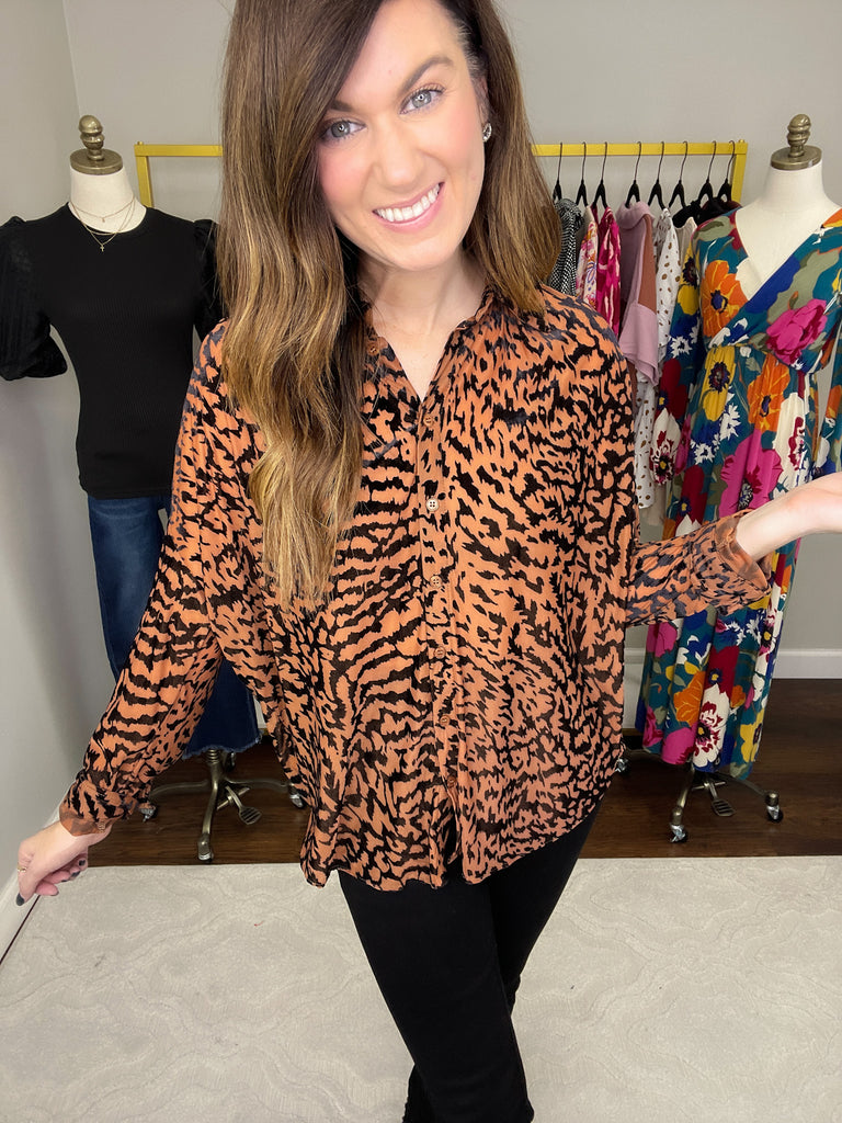 SALE! Worth the Chase Velvet Burnout Button Down in Taupe *Final Sale*