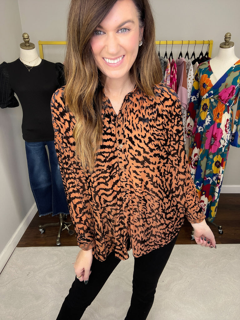 SALE! Worth the Chase Velvet Burnout Button Down in Taupe *Final Sale*