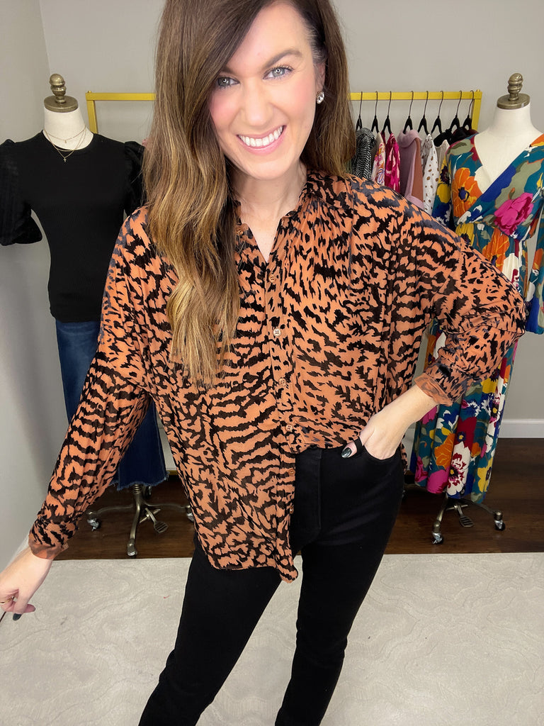 SALE! Worth the Chase Velvet Burnout Button Down in Taupe *Final Sale*