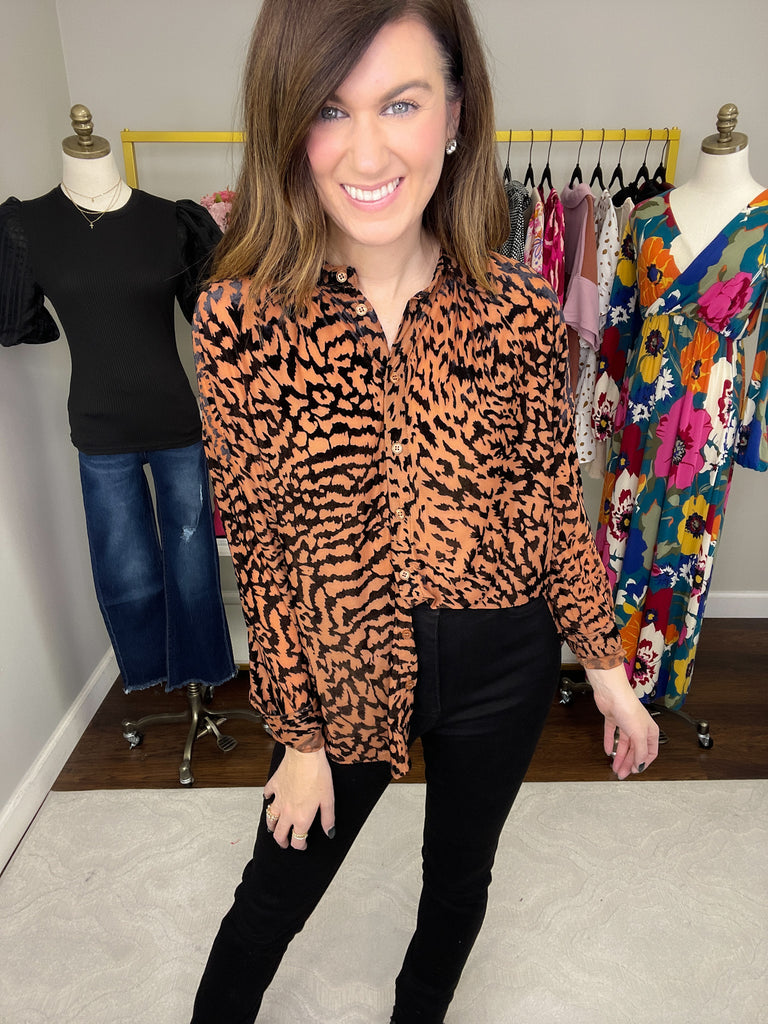 SALE! Worth the Chase Velvet Burnout Button Down in Taupe *Final Sale*