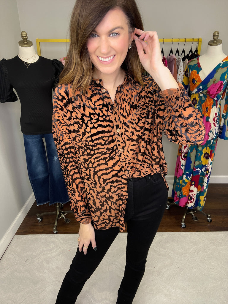 SALE! Worth the Chase Velvet Burnout Button Down in Taupe *Final Sale*