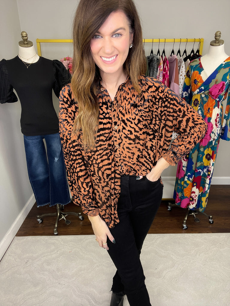 SALE! Worth the Chase Velvet Burnout Button Down in Taupe *Final Sale*